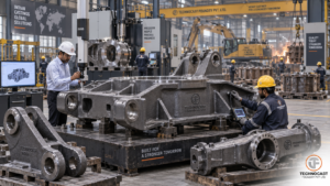 Illustration of construction machinery castings: swing frames and boom brackets