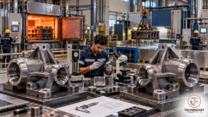 Carbon steel and alloy steel castings being evaluated after different industrial heat-treatment routes for engineering material selection.