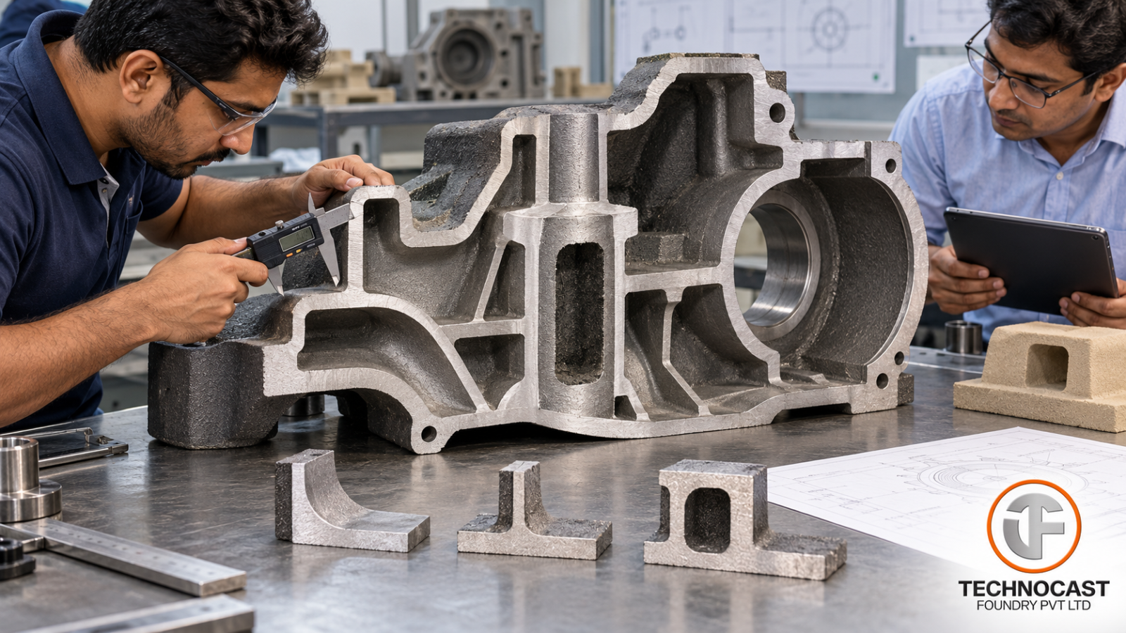 Sectioned sand-cast housing revealing wall thickness