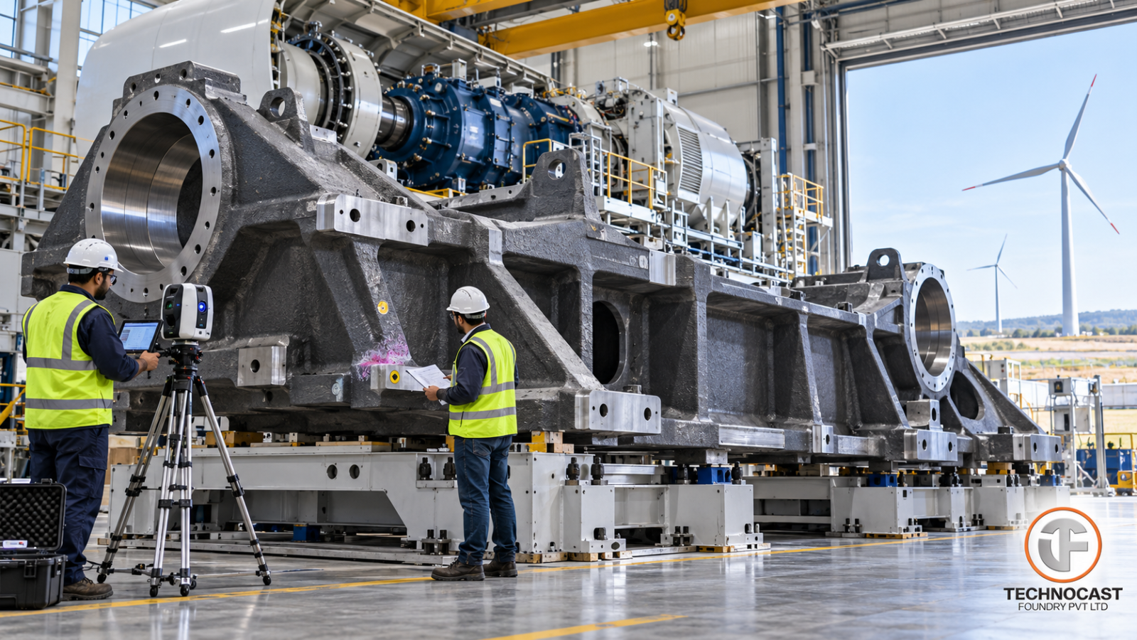 Large ductile-iron wind turbine main-frame casting undergoing precision alignment verification before nacelle assembly.