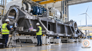 Large ductile-iron wind turbine main-frame casting undergoing precision alignment verification before nacelle assembly.